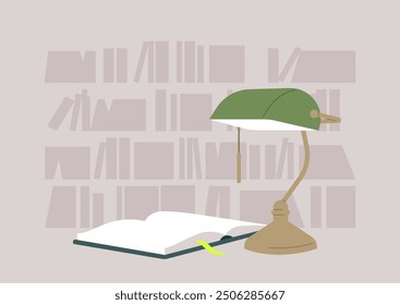 A warm ambiance fills the space as a green lamp casts light on an open book, creating an inviting atmosphere for readers