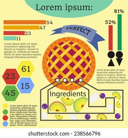 Warm apple pie with infographics. Vector illustration