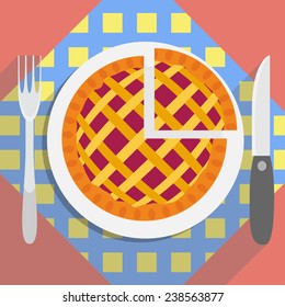 Warm apple pie on the plate with napkin. Vector illustration