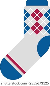 Warm argyle sock featuring a traditional diamond pattern in rich shades of blue and red, providing a stylish and cozy option for fashionable footwear during chilly seasons