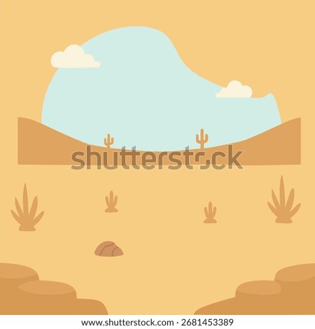 A warm arid scene showing rolling sand dunes scattered cacti and soft clouds beneath a blue sky for a simple background