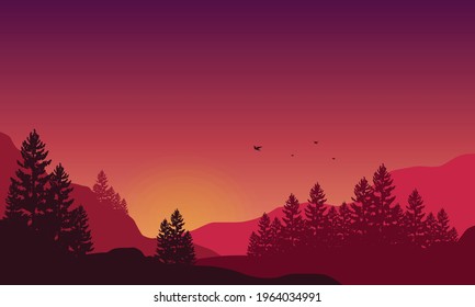 Warm atmosphere in the countryside with a background of beautiful mountain views at dusk. Vector illustration of a city