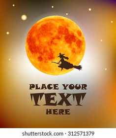 Warm autumn background with a witch flying on her broom and big Moon. Vector illustration.