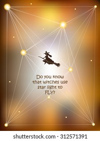 Warm autumn background with a witch flying on her broom. Vector illustration.