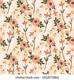 Warm autumn bouquet seamless vector pattern. A collection of wild flowers autumn colors. Peach, orange, yellow and green on pink. Great for home décor, fabric, wallpaper, stationery, design projects.