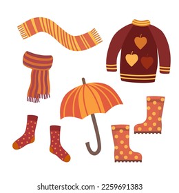 Warm autumn clothes and accessories. Cartoon flat vector illustration.