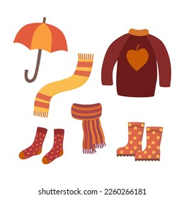 Warm autumn clothes and accessories. Cartoon flat vector illustration.