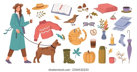 Warm autumn clothes and accessories. Cartoon flat vector illustration set. Woman walking with dog, sweater and hat, cat and yellow pumpkin. Open book, cup of coffee and umbrella icon