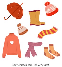 Warm autumn clothes and accessories set. Fall fashion collection, umbrella, sweater, socks, boots, scarf, hat. Vector isolated on white background