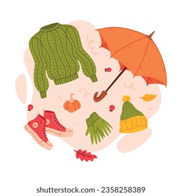 Warm Autumn Clothes and Bright Accessory Vector Composition