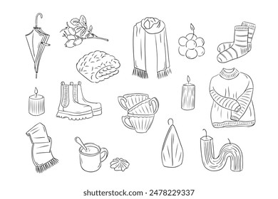 Warm autumn clothes and cozy home items in outline doodle style. Monochrome hygge contour stickers . Vector clipart of sketchy drawings isolated on white background. Could be used for coloring pages