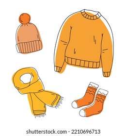 Ropa cálida de otoño. Suéter de punto, sombrero, bufanda y calcetines. Colección vectorial de ropa de otoño de Doodle. Icono de esbozo del vector aislado en blanco. Elementos de diseño estacional