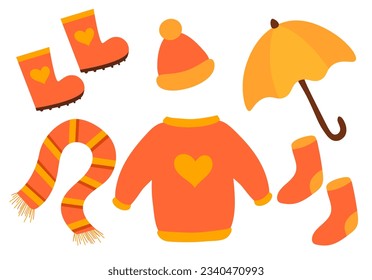 Warm autumn clothes. Knitted sweater, hat, scarf and socks. Umbrella, rubber boots. Autumn clothes vector collection. Vector sketch icon isolated on white. Seasonal design elements