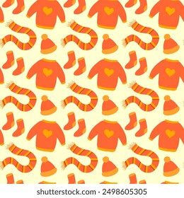 Warm autumn clothes seamless pattern. Knitted sweater, hat, scarf, socks. Cozy fall background. Vector flat illustration.