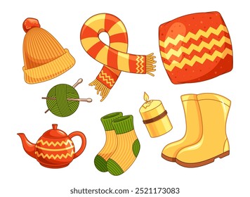 Coleção De outono Quente Com Um Gorro, Lenço, Travesseiro, Bule, Vela, Meias E Botas Em Cores Acolhedoras Isolado No Branco