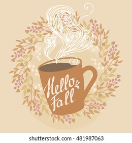 Warm autumn drink. Cup of coffee. Vector illustration in pastel autumn tones
