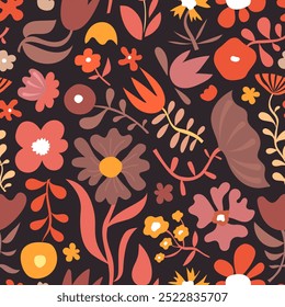 Warm Autumn Floral Seamless Vector Pattern – Dark Background with Vibrant Flowers