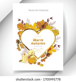 

Warm autumn. Greeting card from autumn oak leaves and acorns, with a heart-shaped frame and candles. Vector illustration, poster, banner.