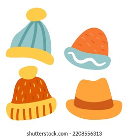 Warm autumn hat with a pompom.Winter knitted hat doodle.Isolated on white background.Vector flat illustration.