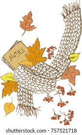 Warm autumn illustration with a knitted scarf, notepad and berries.