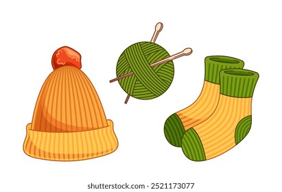 Itens De outono Quente Com Um Gorro, Meias Aconchegantes E Uma Bola De Fio Com Agulhas De Tricô Representando Conforto De Queda