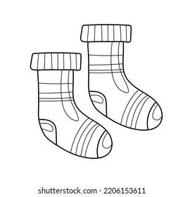Warm autumn knitted socks, vector monochrome illustration in cartoon style on a white background. Coloring book