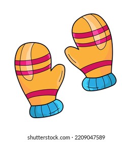 Warm autumn knitted yellow mitten, vector illustration in cartoon style on a white background. Cute mittens in yellow with pink and blue accents.