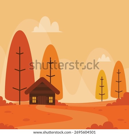 Warm autumn landscape illustration featuring a rustic wooden cabin suitable for seasonal greeting cards, promotions, and events.