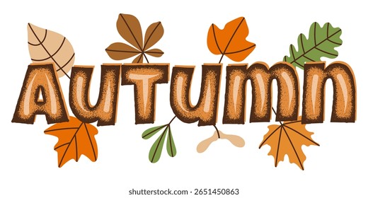 Warm autumn lettering with orange textured letters decorated with hand-drawn fall leaves. Cozy seasonal design perfect for posters, cards, and Thanksgiving themes.
