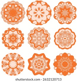 Warm autumn mandala collection in vibrant shades of orange, peach, and coral. Bold and energetic symmetrical designs perfect for seasonal themes, cozy branding, or retro boho prints. Vector EPS 10.