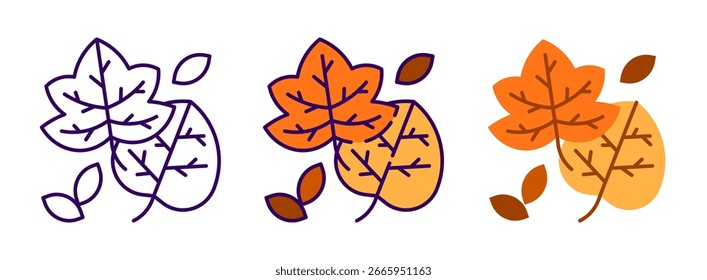 Warm autumn maple leaf in outline, flat, and detailed styles. Orange and yellow tones perfect for seasonal designs.