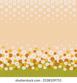  Prado caliente del otoño con las flores blancas, anaranjadas, y amarillas en el fondo beige, Ilustración vectorial