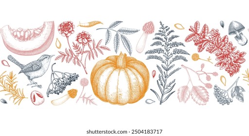 Warm autumn ribbon in sketch style. Fall leaves, pumpkins, berries, mushrooms  hand-drawn vector illustrations. Thanksgiving seamless pattern. NOT AI generated