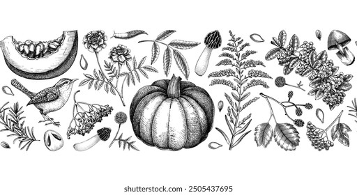 Warm autumn ribbon in sketch style. Fall leaves, pumpkins, berries, mushrooms  hand-drawn vector illustrations. Thanksgiving seamless pattern. NOT AI generated