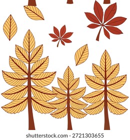 Warme Herbstbäume nahtlose Fliesenmuster mit Kastanien und Tannenbäumen für einladende saisonale Dekoration Konzept als Kastanien und Tannenbäume nahtlos angeordnet, um warme und einladende saisonale Herbstdekoration in Foto Stock Konzept und leeren Raum auf der linken Seite zu schaffen, kein Text —ar 7:2 —tile