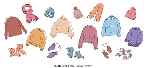 Warm autumn winter clothes. Knitted sweater, hat, scarf, socks and ugg big set. Doodle autumn winter clothes vector collection. Vector sketch icon isolated on white. Seasonal Design elements
