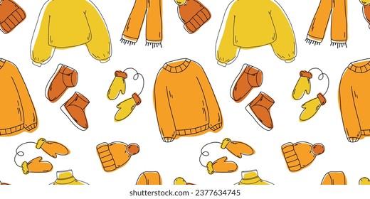 Cálida ropa de invierno de otoño sin fisuras. Suéter de punto, sombrero, bufanda, patrón de ugg. Colección vectorial de ropa de invierno de otoño de Doodle. Ropa estacional sin fisuras