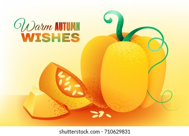 Warm Autumn Wishes greeting card. Beautiful abstract pumpkin with slices and seeds. Vector illustration