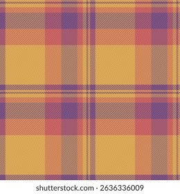 Warm autumnal plaid pattern in muted orange, purple, and yellow tones.  Perfect for fallthemed designs, textile prints, and website backgrounds. Evokes feelings of comfort and nostalgia.