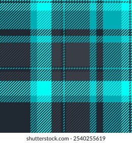 Warm background plaid fabric, heritage pattern texture seamless. 40s textile vector check tartan in dark and cyan colors palette.