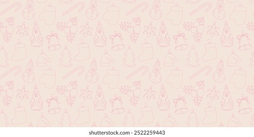 Warm and beautiful seamless pattern with doodle Christmas toys. Trendy  New Year decorations background
