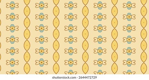 Warm beige background with golden and blue seamless abstract pattern. Vintage, elegant symmetry ideal for timeless textile prints, wallpapers, or digital art. 