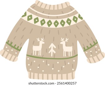 Warm beige christmas sweater with green and white reindeer and fir tree pattern, perfect for winter holidays and celebrations, bringing a festive and cozy atmosphere