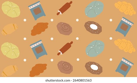 Warm beige cooking-themed background featuring ovens, bread rolls, cinnamon buns, and baking tools for culinary content creation.
