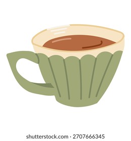 Una bebida caliente se sienta en una taza decorativa ilustrada en un estilo simple y acogedor. El concepto transmite comodidad, relajación y un ambiente tranquilo y hogareño