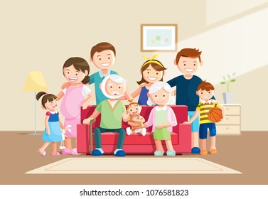 Warm big family portrait and blurred background  Grandfather  grandmother   baby sitting the sofa at home  Vector illustration in flat style 