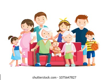 Warm big family portrait with isolated white background. Grandfather, grandmother and baby sitting on the sofa at home. Vector illustration in a flat style.