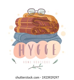 Warm blanket. Stack of wool tartan bedspreads, folded pieces fabric, top clear glasses, comfortable attributes, cozy winter items. Vector