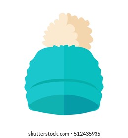 Warm blue hat with pompon vector. Flat design hat. 
