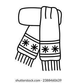 Warm blue scarf with snowflakes, winter accessories, doodle style flat vector outline for coloring book